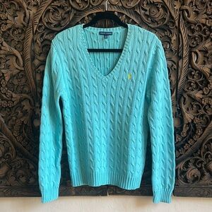 Ralph Lauren Blue Label Cable-Knit V-Neck Cotton Sweater Women’s Size XL Classic